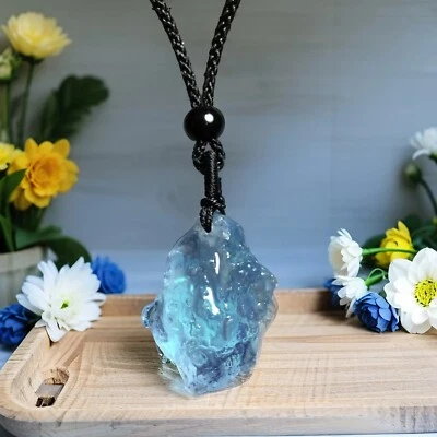 Natural Aquamarine Pendant Raw Blue Crystal Reiki Women Men Amulet Necklace Gift - Image 1 of 4
