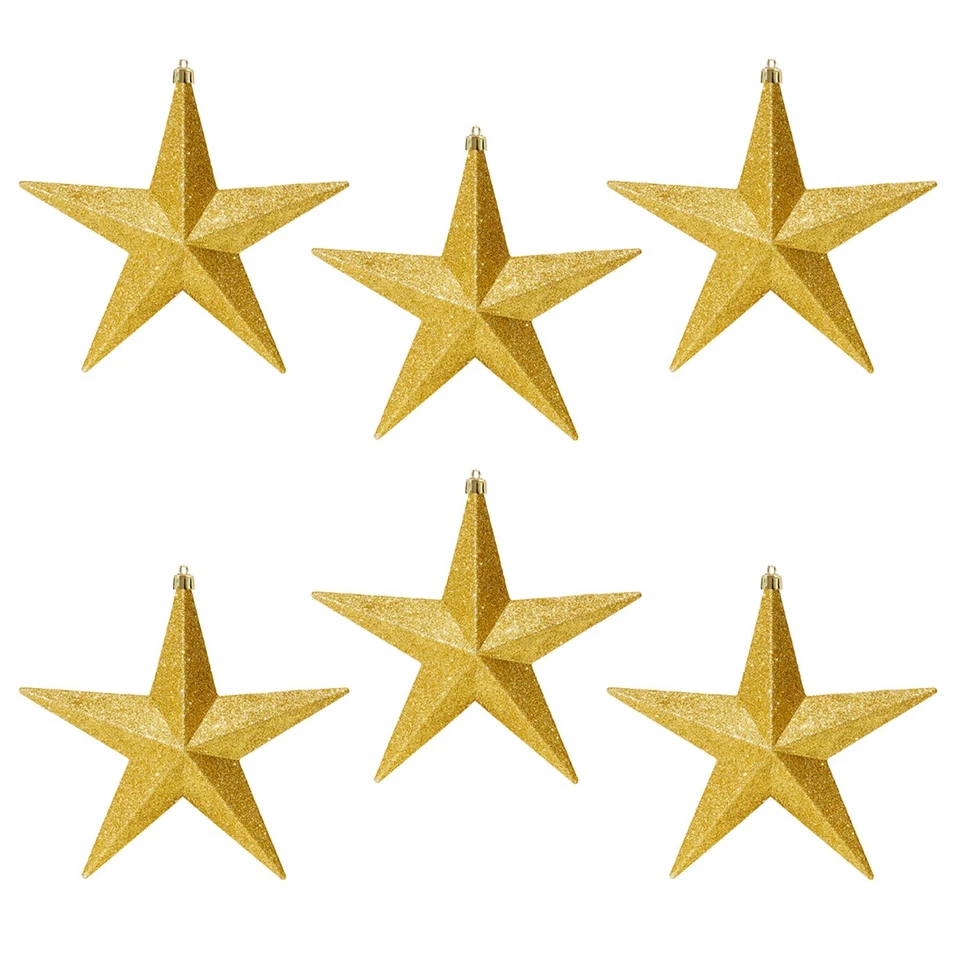 Christmas Shatterproof Stars 6 Pack 100mm Glitter Tree Decoration Gold