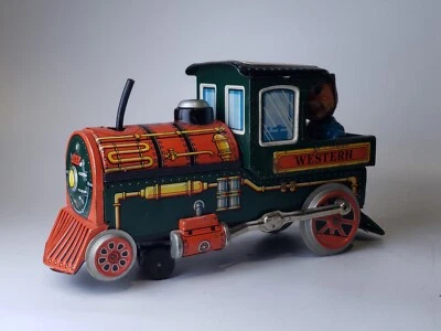 Raro tren de hojalata de juguete occidental de los años 50 con conductor de tren de Modern Toys, Japón Foto 1 de 4