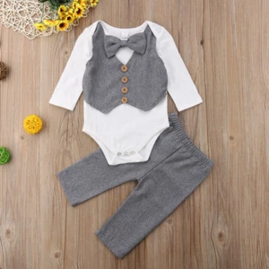 NEW Baby Boys Bow Tie Vest Suit Long Sleeve Bodysuit Outfit Set Easter - Picture 1 of 4
