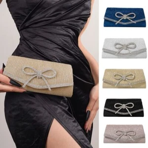 Bow Flap Evening Handbag Long Chain Crossbody Bag for Wedding Party - Picture 1 of 17