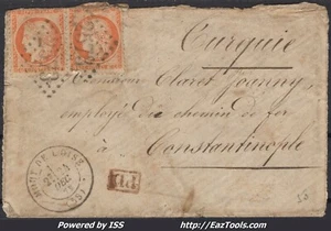FRANCE PAIRE N°38 SUR LETTRE POUR CONSTANTINOPLE GC 2573 + CAD DU 24/12/1873 - Picture 1 of 2