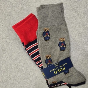Polo Ralph Lauren Men's Bear/Multicolor Stripes Pack Of 2 Dress Socks Sz 6-12.5 - Picture 1 of 7