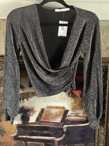Lush Metallic Silver Surplice Crop Blouse Long Sleeve Night Out Size Small NWT - Picture 1 of 7