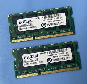 8GB Kit (2 x 4GB) Crucial CT51264BF160B.C16FN2 PC3-12800S Laptop SODIMM Memory - Bild 1 von 3