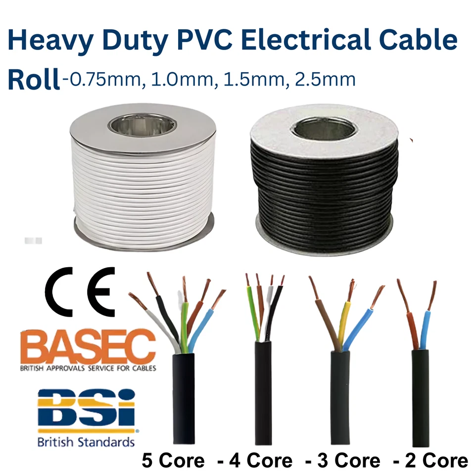 2 3 4 5 Core Electrical Flex Cable Wire 0.75mm 1mm 1.5mm 2.5mm WHITE BLACK Mains - Image 1 of 1
