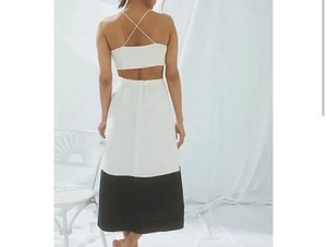 MAEVE ANTHROPOLOGIE COLOR BLOCK LINEN BUTTON FRONT OPEN  BACK MIDI DRESS SMALL - Picture 1 of 13
