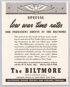 1942 Hotel Biltmore Low War Time Rates New York WWII Vintage Print Ad - Picture 1 of 1