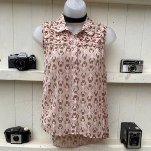 JANE NORMAN Blouse Retro Print Semi Sheer Pintuck Dip Hem Size 12 y2k - Picture 1 of 14