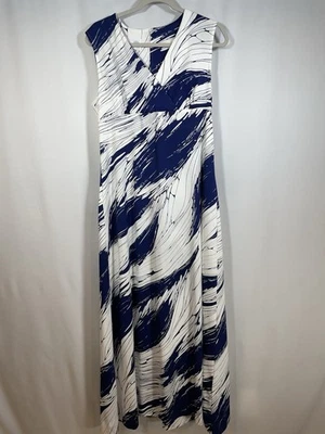 Vtg Maxi Dress Morro Bay Ltd Sleeveless Vneck Abstract Print Navy White Sz Large - Image 1 of 4