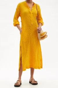 THREE GRACES LONDON Saffron Yellow Crinkle Cotton Voile Kaftan UK12 US 8 - Picture 1 of 6