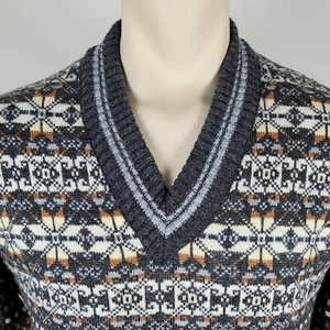 Vintage Lord Jeff Orlon Acrylic Fair Isle Vneck Gray Multi Sweater Sz Large -USA - Picture 1 of 4
