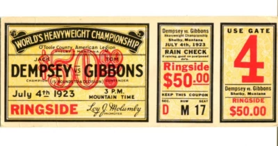 Boxing Postcard Dempsey vs Gibbons 1923. Replica Ticket Shelby Montana  1950's - Image 1 of 2