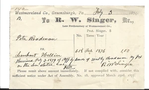 1879 RECIBO A R W CANTANTE PROTHONOTA ~ WESTMORELAND CO, GREENSBURGH, PA-3 1/2 X 5" - Imagen 1 de 1