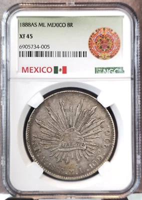 1888 Como ML MÉXICO PLATA 8 REALES 8R NGC XF 45 RARO BAJA COLECCIÓN ALAMOS COMO NUEVO Foto 1 de 3