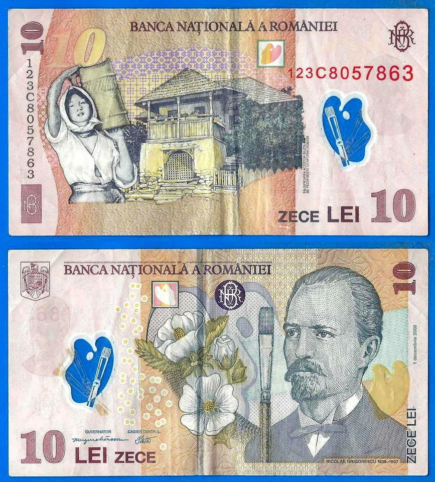 Romania 10 Lei 2008 Grigorescu Nico Polymer Centrale Europe Free Shipping World - Image 1 of 3