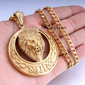 Herrenkette Edelstahl Gold Löwenkreis Anhänger Halskette Bordstein kubanisches Geschenk - Bild 1 von 11