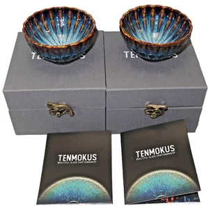 Lot of 2 Blue Jianzhan Tea Cup Teacup Kiln Transformation Tenmoku Glaze Ceramic - Picture 1 of 15
