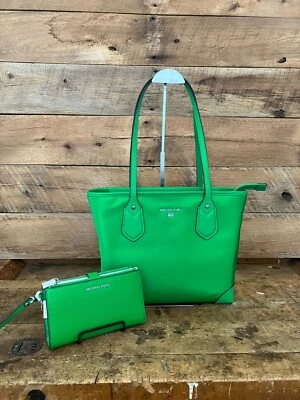 Michael Kors Eva Small Top Zip Palm Green Nylon Tote and Double Zip Wallet-NWT - Image 1 of 4