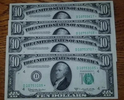 1950 $10.00 Star Notes Two Consecutive. Upside Down Flag Error? - Image 1 of 4