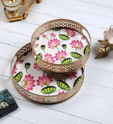 Metal Lotus Flowers Design Serving Trays Set (8 Inches & 10 Inches) - Image 1 of 4
