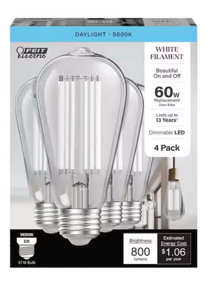 4-PK Feit Electric LED Light Bulb Dimmable Vintage Edison 60W Equivalent ST19 - Image 1 of 4