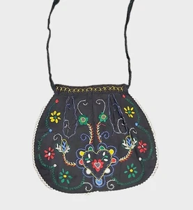 Vintage Schürze Handbestickt Blumen Handgenäht Halbe Taille Schwarz Mehrfarbig - Bild 1 von 12