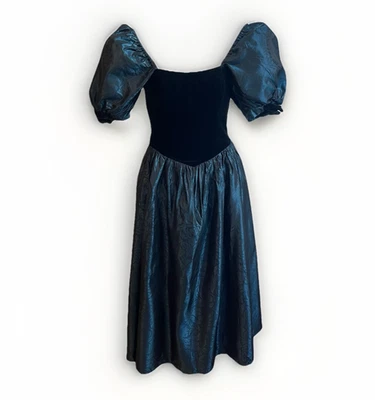 Vintage 80s Laura Ashley Party Dress Black Velvet Blue Brocade Basque 27" 10 - Image 1 of 4