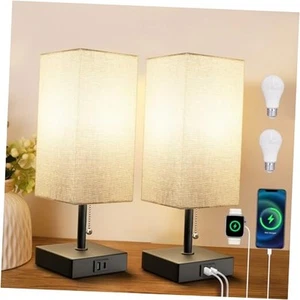 Bedside Table Lamps Set of 2, Gray Pull Chain Nightstand Lamps with USB C+A - Picture 1 of 7