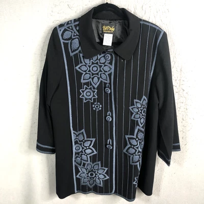 Bob Mackie Coat Womens L Black Blue Embroidery Art To Wear Career Boho - Image 1 of 4