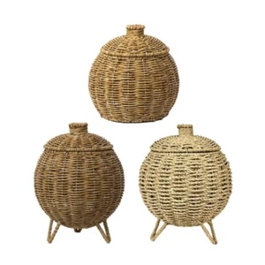 Office Desk Woven Storage Basket with Lid Plastic Handwoven Sundries Container - Picture 1 of 11
