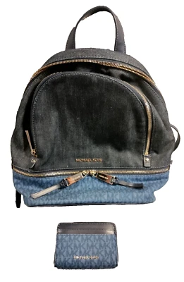 Michael Kors Blue Mono MK Denium Backpack and Wallet Combo Preloved Nice! - Image 1 of 4