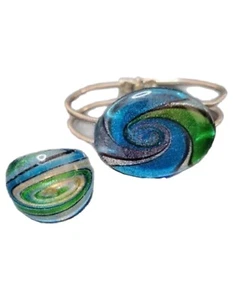 Dichroic Art Glass Hinged Cuff Bracelet & Ring Silver Purple Blue Green Swirl - Picture 1 of 15