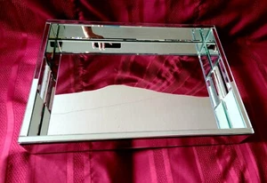 Glass Mirror Trinket Tray Handles Beveled Dresser Vanity Heavy Jewelry Perfume - Picture 1 of 12