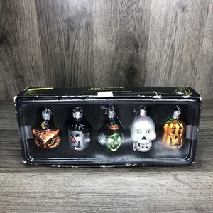 Halloween Glass Ornament Set 5 Pier 1 Owl Frankenstein Witch Skull Pumpkin 2” - Picture 1 of 6