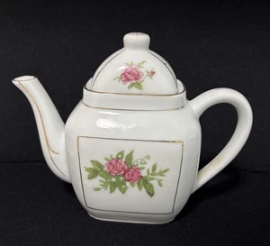 Teekanne Porzellan klein (2 Tassen) weiß rosa Blumen & grüne Blätter Vintage China - Bild 1 von 13