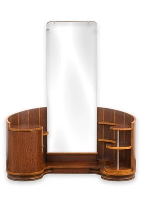 Tocador vintage Art Deco modernista de madera de nogal con estantería de almacenamiento y espejo Foto 1 de 4