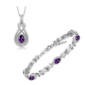RYLOS  SILVER AMETHYST & DIAMOND LOVE KNOT BRACELET & PENDANT MATCHING SET - Picture 1 of 6