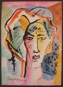 Jerzy Faczyński (1917-1994) astratto ritratto femminile inchiostro e acquerello 1973 - Foto 1 di 4