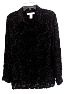 C.L.O.T.H.E.S. Black Floral Velvet Burnout Long Sleeve Button Up Top Size Large - Picture 1 of 6