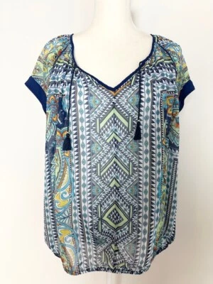 John Paul Richard Womens Blouse Size XL Multicolored Floral V Neck Tassel Sheer - Image 1 of 4