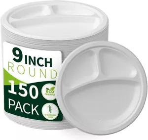 150 PCS Eco-Friendly 3-Compartment Plates, Compostable Sugarcane Fiber, 9 - Picture 1 of 6