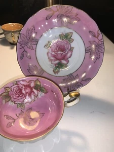 Royal Halsey Very Fine Tea Footed Cup & Saucer Gilded Rose w/ Gold Trim Japan - Picture 1 of 10