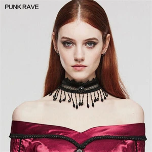 Punk Rave Women Black Gothic Retro Necklace Glamorous Lace Beaded Choker - Picture 1 of 10