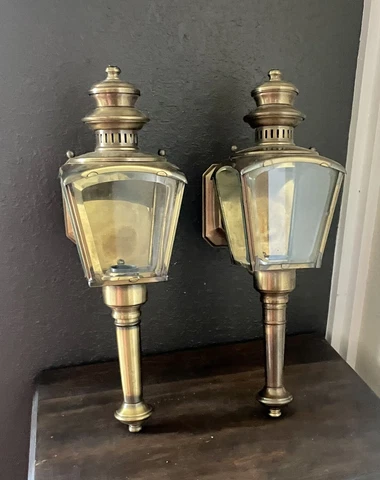 2 Vintage Cast Aluminum Brass Carriage House Porch Lights Wall Sconce Cover