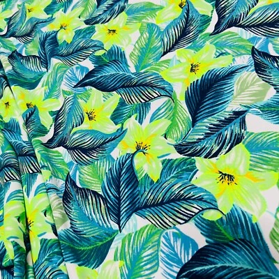 Tela de spandex de nailon con estampado de flores tropicales amarillo limón elástico en 4 vías por yarda Foto 1 de 4