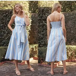 SUMMERSALT The Coastal Poplin Tie-Waist Midi Dress Cabana Blue Stripe Size XL - Picture 1 of 7