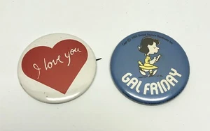 Peanuts Lucy "Gal Friday" & “I Love You” Heart Metal Pin Back Button USA Vintage - Picture 1 of 4