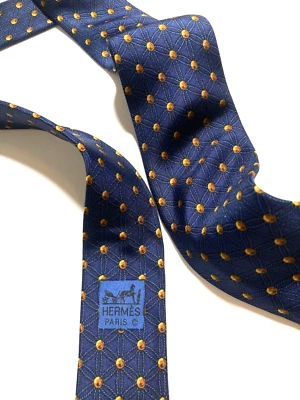 HERMES VINTAGE ESTRELLAS PATRÓN LUNARES BOTONES DE CORBATA CADENAS GAMA ALTA FRANCIA DORADO AZUL Foto 1 de 4