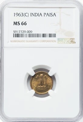 INDIA , 1 PAISA 1963 C -  NGC MS 66 - TOP POP  (24) , RARE - Image 1 of 2